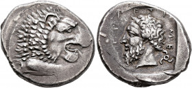 DYNASTS OF LYCIA. Mithrapata, circa 390-370 BC. Stater (Silver, 24 mm, 9.85 g, 10 h), uncertain mint (Zagaba or Phellos?). Forepart of a roaring lion ...