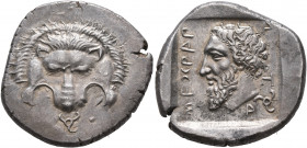 DYNASTS OF LYCIA. Mithrapata, circa 390-370 BC. Stater (Silver, 25 mm, 9.87 g, 2 h), uncertain mint (Zagaba or Phellos?). Facing scalp of a lion; belo...