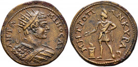 GALATIA. Ancyra. Caracalla, 198-217. Tetrassarion (Orichalcum, 31 mm, 16.16 g, 7 h). ANTΩNINOC A YΓ Radiate and cuirassed bust of Caracalla to right, ...