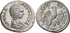 SYRIA, Seleucis and Pieria. Emesa. Julia Domna, Augusta, 193-217. Tetradrachm (Silver, 28 mm, 11.88 g, 11 h), 215. •IOYΛIA• •AYΓOYCTA Draped bust of J...
