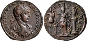 PHOENICIA. Tyre. Elagabalus, 218-222. Tetrassarion (Orichalcum, 30 mm, 16.68 g, 5 h). IMP CAES M AV ANTO-NINVS AVG Laureate, draped and cuirassed bust...