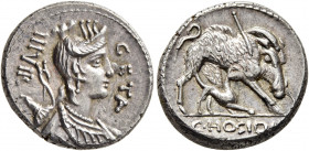 C. Hosidius C.f. Geta, 64 BC. Denarius (Silver, 17 mm, 4.00 g, 7 h), Rome. GETA / III VIR Diademed and draped bust of Diana to right, with bow and qui...