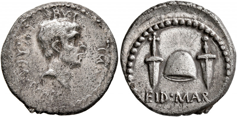 Brutus, † 42 BC. Denarius (Silver, 19 mm, 3.68 g, 12 h), with L. Plaetorius Cest...