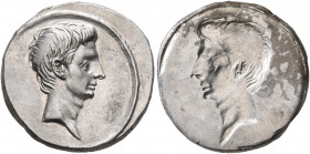 Octavian, 44-27 BC. Denarius (Silver, 19 mm, 3.88 g, 12 h), brockage mint error, uncertain Italian mint (Rome?), circa 30-29. Bare head of Octavian to...