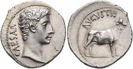 Augustus, 27 BC-AD 14. Denarius (Silver, 20 mm, 3.88 g, 12 h), Pergamum (?), circa 27 BC. CAESAR Bare head of Augustus to right. Rev. AVGVSTVS Bull st...