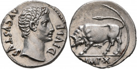 Augustus, 27 BC-AD 14. Denarius (Silver, 19 mm, 3.87 g, 7 h), Lugdunum, circa 15-13 BC. AVGVSTVS DIVI•F Bare head of Augustus to right. Rev. IMP•X Bul...