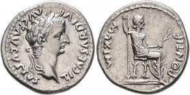 Tiberius, 14-37. Denarius (Silver, 19 mm, 3.73 g, 10 h), Lugdunum, 15-18. TI CAESAR DIVI AVG F AVGVSTVS Laureate head of Tiberius to right. Rev. PONTI...