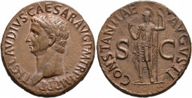 Claudius, 41-54. As (Copper, 28 mm, 11.54 g, 6 h), Rome, 42-43. TI CLAVDIVS CAESAR AVG P M TR P IMP P P Bare head of Claudius to left. Rev. CONSTANTIA...