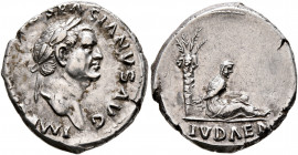 Vespasian, 69-79. Denarius (Silver, 18 mm, 3.41 g, 6 h), Rome, 69-70. IMP [CAESAR VE]SPASIANVS AVG Laureate head of Vespasian to right. Rev. IVDAEA Ju...