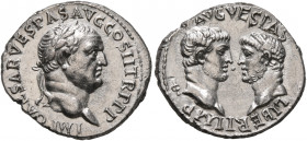 Vespasian, with Titus and Domitian as Caesares, 69-79. Denarius (Silver, 18 mm, 2.91 g, 6 h), Ephesus, 70. IMP CAESAR VESPAS AVG COS II TR P P P Laure...