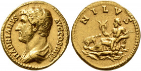 Hadrian, 117-138. Aureus (Gold, 20 mm, 7.17 g, 1 h), Rome, circa 130-133. HADRIANVS AVG COS III P P Bare-headed and draped bust of Hadrian to left. Re...