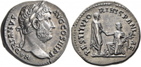 Hadrian, 117-138. Denarius (Silver, 18 mm, 3.33 g, 6 h), Rome, 130-133. HADRIANVS AVG COS III P P Laureate head of Hadrian to right. Rev. RESTITVTORI ...