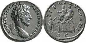 Marcus Aurelius, 161-180. Sestertius (Orichalcum, 33 mm, 29.76 g, 12 h), Rome, 161. IMP CAES M AVREL ANTONINVS AVG Laureate and cuirassed bust of Marc...