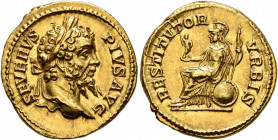 Septimius Severus, 193-211. Aureus (Gold, 20 mm, 7.09 g, 6 h), Rome, 206-early 208. SEVERVS PIVS AVG Laureate head of Septimius Severus to right. Rev....
