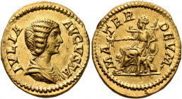 Julia Domna, Augusta, 193-217. Aureus (Gold, 20 mm, 7.32 g, 12 h), Rome, 205. IVLIA AVGVSTA Draped bust of Julia Domna to right. Rev. MATER DEVM Cybel...