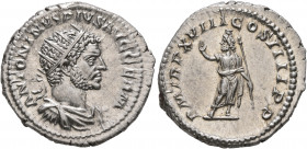 Caracalla, 198-217. Antoninianus (Silver, 24 mm, 5.38 g, 1 h), Rome, 215. ANTONINVS PIVS AVG GERM Radiate, draped and cuirassed bust of Caracalla to r...