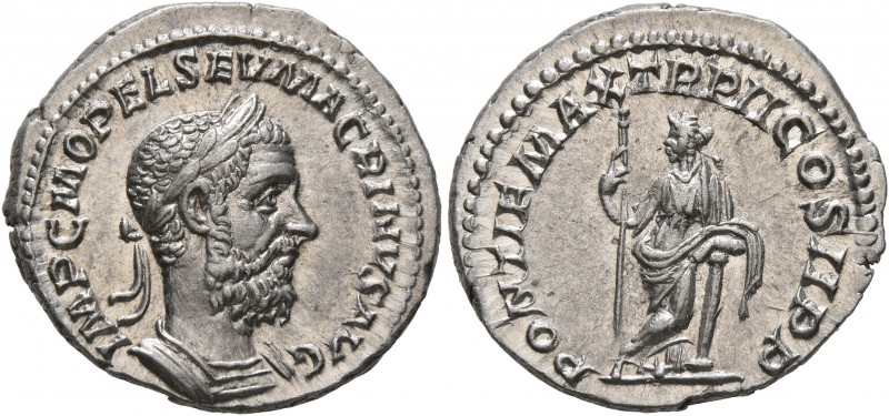 Macrinus, 217-218. Denarius (Silver, 20 mm, 3.35 g, 12 h), Rome, summer 217-earl...