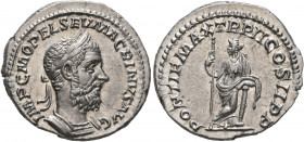 Macrinus, 217-218. Denarius (Silver, 20 mm, 3.35 g, 12 h), Rome, summer 217-early 218. IMP C M OPEL SEV MACRINVS AVG Laureate and cuirassed bust of Ma...
