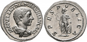Diadumenian, as Caesar, 217-218. Denarius (Silver, 19 mm, 3.64 g, 6 h), Rome, 218. M OPEL ANT DIADVMENIAN CAES Bare-headed and draped bust of Diadumen...