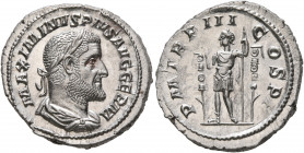 Maximinus I, 235-238. Denarius (Silver, 20 mm, 4.00 g, 1 h), Rome, 237. MAXIMINVS PIVS AVG GERM Laureate and draped bust of Maximinus I to right, seen...