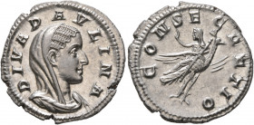 Diva Paulina, died before 235. Denarius (Silver, 19 mm, 2.77 g, 6 h), Rome, 236-238. DIVA PAVLINA Veiled and draped bust of Diva Paulina to right. Rev...