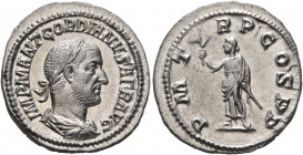 Gordian I, 238. Denarius (Silver, 20 mm, 3.09 g, 12 h), Rome, March-April 238. IMP M ANT GORDIANVS AFR AVG Laureate, draped and cuirassed bust of Gord...