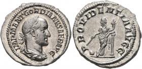 Gordian II, 238. Denarius (Silver, 20 mm, 3.80 g, 11 h), Rome, March-April 238. IMP M ANT GORDIANVS AFR AVG Laureate, draped and cuirassed bust of Gor...