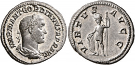 Gordian II, 238. Denarius (Silver, 20 mm, 3.26 g, 12 h), Rome, March-April 238. IMP M ANT GORDIANVS AFR AVG Laureate, draped and cuirassed bust of Gor...
