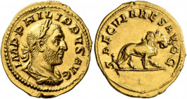Philip I, 244-249. Aureus (Gold, 21 mm, 4.73 g, 6 h), Rome, 248. IMP PHILIPPVS AVG Laureate, draped and cuirassed bust of Philip I to right, seen from...