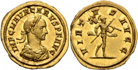 Carus, 282-283. Aureus (Gold, 21 mm, 4.46 g, 7 h), Rome, 283. IMP C M AVR CARVS P F AVG Laureate, draped and cuirassed bust of Carus to right. Rev. VI...