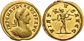 Carus, 282-283. Aureus (Gold, 20 mm, 4.38 g, 6 h), Rome, 283. IMP C M AVR CARVS P F AVG Laureate and cuirassed bust of Carus to right. Rev. VIRTVS AVG...