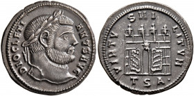 Diocletian, 284-305. Argenteus (Silver, 20 mm, 3.20 g, 6 h), Thessalonica, 302. DIOCLETI-ANVS AVG Laureate head of Diocletian to right. Rev. VIRTV-S M...
