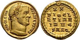 Diocletian, 284-305. Aureus (Gold, 20 mm, 5.13 g, 12 h), Aquileia, 303. DIOCLETIA-NVS AVGVSTVS Laureate head of Diocletian to right. Rev. XX / DIOCL/E...