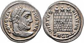 Constantius I, 305-306. Argenteus (Silver, 20 mm, 3.44 g, 1 h), Serdica. CONSTAN-TIVS AVG Laureate head of Constantius I to right. Rev. VIRTVS - MILIT...