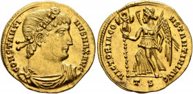 Constantine I, 307/310-337. Solidus (Gold, 21 mm, 4.55 g, 7 h), Thessalonica, 332. CONSTANT-NVS MAX AVG Rosette-diademed, draped and cuirassed bust of...