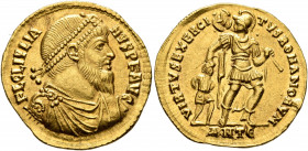 Julian II, 360-363. Solidus (Gold, 22 mm, 4.44 g, 10 h), Antiochia, 361-363. FL CL IVLIA-NVS P F AVG Pearl-diademed, draped and cuirassed bust of Juli...