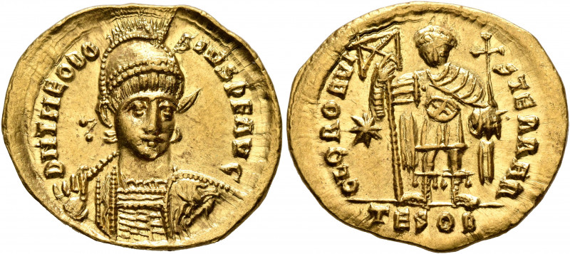 Theodosius II, 402-450. Solidus (Gold, 22 mm, 4.35 g, 5 h), Thessalonica, circa ...