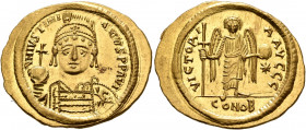 Justinian I, 527-565. Solidus (Gold, 23 mm, 4.47 g, 6 h), Thessalonica, 538-545. D N IVSTINIANVS P P AVI Helmeted and cuirassed bust of Justinian faci...
