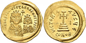 Heraclius, with Heraclius Constantine, 610-641. Solidus (Gold, 21 mm, 4.51 g, 6 h), Constantinopolis, late January 613. [δ δ] N N hERACLIЧS ET hERA CO...