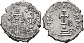 Constans II, with Constantine IV, 641-668. Hexagram (Silver, 23 mm, 6.39 g, 6 h), Constantinopolis, 654-659. δ N CONSTANTINЧS C CONSTA' On the left, c...