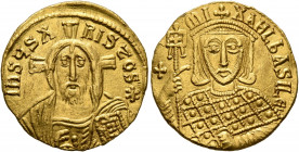 Michael III "the Drunkard", 842-867. Solidus (Gold, 19 mm, 4.51 g, 6 h), Constantinopolis, 856-867. IҺSЧS XRISTOS✱ Half-length bust of Christ Pantokra...