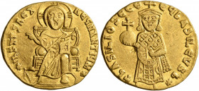 Basil I the Macedonian, 867-886. Solidus (Gold, 20 mm, 4.36 g, 5 h), Constantinopolis, circa 868. +IhS XPS RЄX RЄςNANTIЧM✱ Christ, nimbate, seated fac...