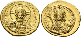 Constantine IX Monomachus, 1042-1055. Tetarteron (Gold, 19 mm, 4.06 g, 6 h), Constantinopolis. +IҺS XRS RЄX RЄGNANTIm Nimbate bust of Christ facing, w...