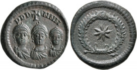 Valentinian II, with Theodosius I and Arcadius, 375-392. Exagium Solidi (Bronze, 20 mm, 4.17 g, 5 h), Constantinopolis, 383-392. DDD NNN Diademed and ...