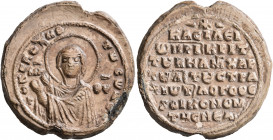 Basileios, patrikios, judge of the velon, grand chartoularios of the stratiotikon logothesion and oikonomos of the New Church, circa 1000-1050. Seal (...