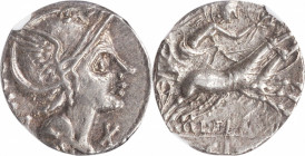 ROMAN REPUBLIC. L. Flaminius Chilo. AR Denarius, Rome Mint, 109-108 B.C. NGC Ch EF. Brushed.

Cr-302/1; Syd-540. Obverse: Helmeted head of Roma righ...