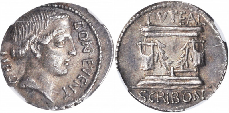 ROMAN REPUBLIC. L. Scribonius Libo. AR Denarius, Rome Mint, 62 B.C. NGC EF, Stri...