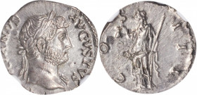HADRIAN, A.D. 117-138. AR Denarius, Uncertain mint in the East, ca. A.D. 124-127. NGC Ch AU.

RIC-2990; RSC-374a. Obverse: Laureate bust right, with...