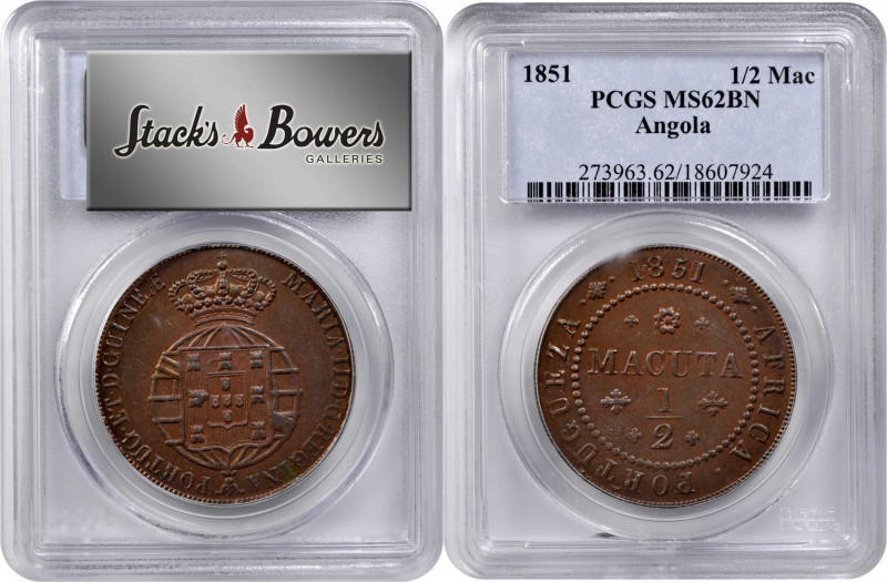 ANGOLA. 1/2 Macuta, 1851. PCGS MS-62 Brown.

KM-56; Gomes-01.02. A lovely exam...