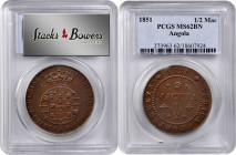 ANGOLA. 1/2 Macuta, 1851. PCGS MS-62 Brown.

KM-56; Gomes-01.02. A lovely example of the type with cobalt blue toning and some remaining red brillia...
